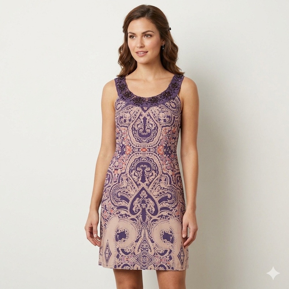 Free People Purple Paisley Beaded Crochet Lace Neck Mini Dress Cotton Boho 4